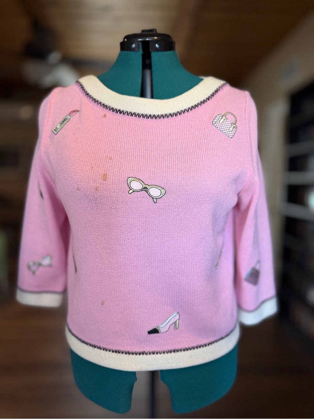 Vintage St. John Sport Pink Knit Crewneck Sweater Fashion Motifs Small AS-IS